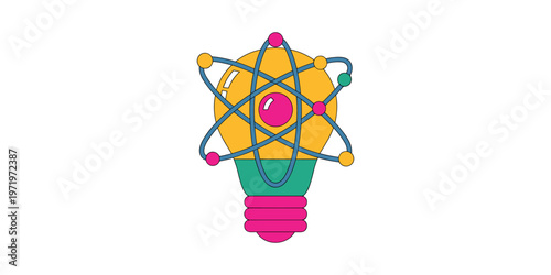 Colorful light bulb with atomic structure science education in white background
