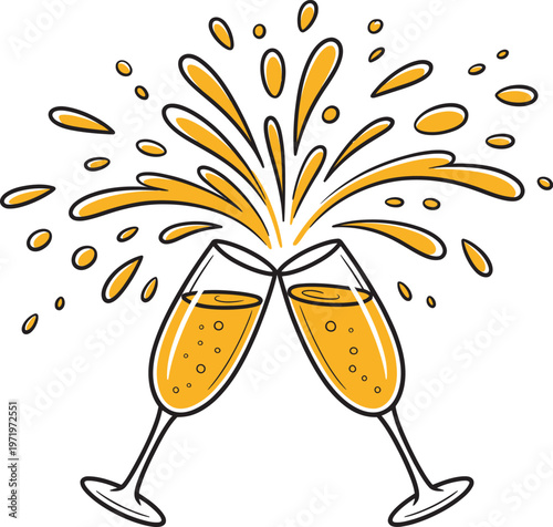 Champagne glasses clinking with golden splash illustration, festive celebration concept, playful bubbly toast design, party artwork, isolated white background, editable vector