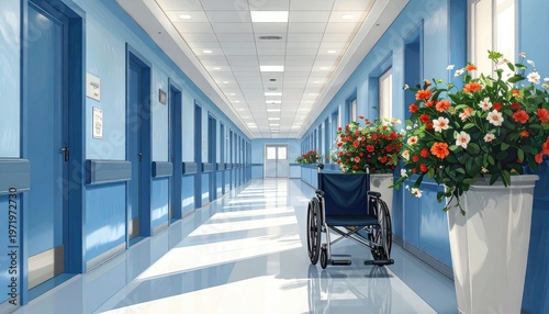 Long, empty hospital hallway with wheelchair and floral arrangements