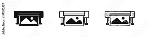 Photo Printing Machine Icon Set in Solid, Outline, and Hand-Drawn Styles