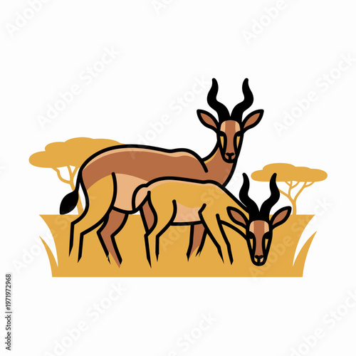 Two impala antelopes standing together in african savanna landscape with minimalist flat vector illustration style featuring stylized trees and warm earthy color palette