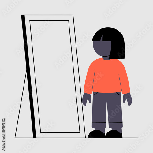 Young girl standing before a large floor mirror in a minimalist flat illustration style featuring an orange shirt and dark pants against a clean light gray background