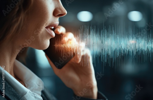 Close up profile of woman speaking into phone with audio wave