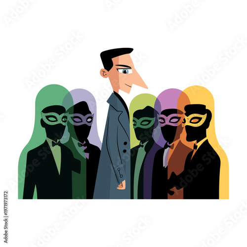 Stylish man standing apart from a group of masked figures in colorful silhouettes representing mystery and social conformity in a unique vector illustration design concept