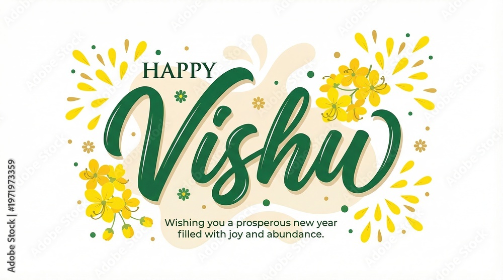 Fototapeta premium Happy Vishu Typography Design with Konna Flowers on White Background, Kerala Festival Minimal Greeting Card