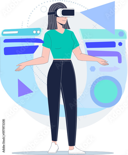 Woman experiencing virtual reality with augmented reality interface and abstract geometric shapes in a futuristic digital world