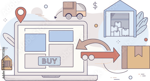 Online Shopping Logistics and Delivery Process Illustrated with Icons and Graphics
