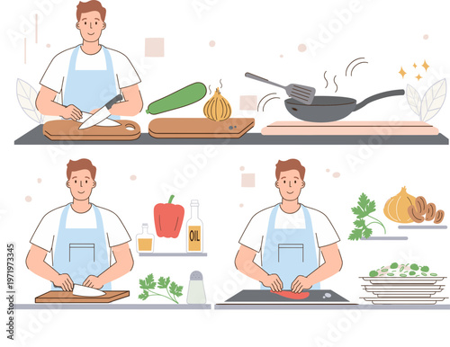 Man preparing a meal in the kitchen, chopping vegetables and cooking with a pan, illustration