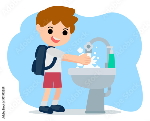 little boy washing his hands with soap at the water tap. Boy character washing hands flat design illustration. Happy cute little kid boy wash hand in sink