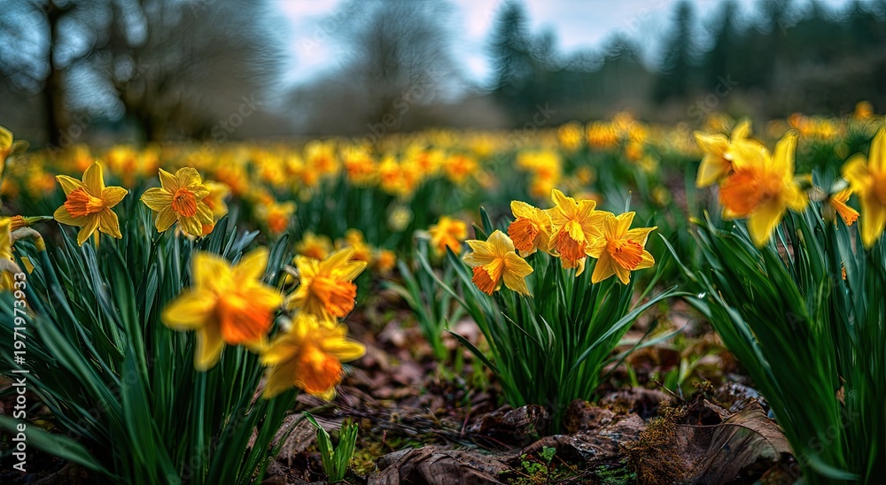 Fototapeta premium Vibrant field of yellow and orange daffodils in soft focus