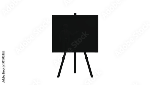 Black easel displays a blank dark surface for presentations or artwork on a white background.
