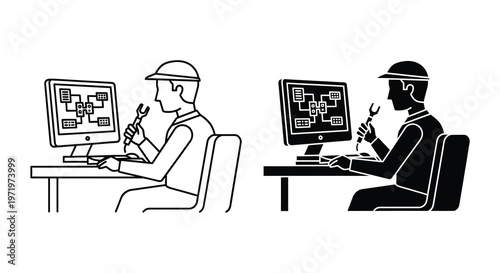 Technician working on computer systems displayed in duplicate a striking silhouette