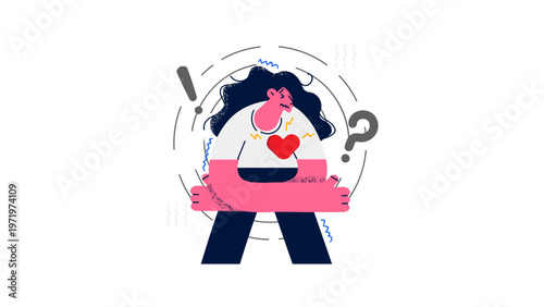 A cartoon woman with a heart on her shirt looks confused and happy