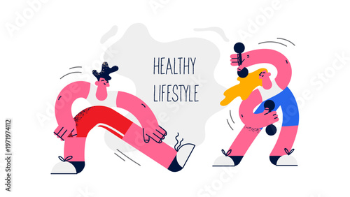 A colorful vector illustration of two people exercising with dumbbells