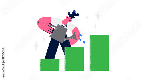 A frustrated businessman watering a bar graph with a watering can