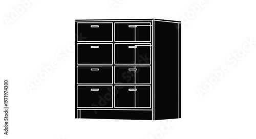 Black dresser with multiple drawers depicted as a striking silhouette