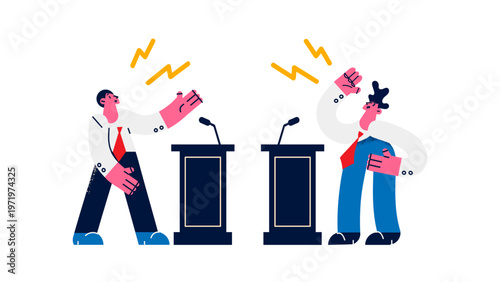 Two businessmen engaged in a heated debate at separate podiums