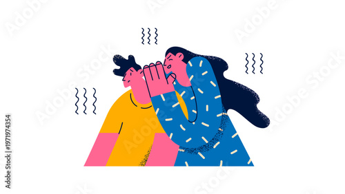 A colorful vector illustration of two people whispering to each other