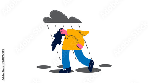 A person struggling in the rain with a cloud overhead