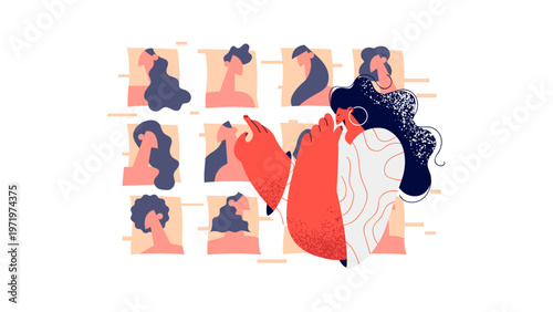 A vector graphic illustration of a woman surrounded by multiple silhouettes of herself