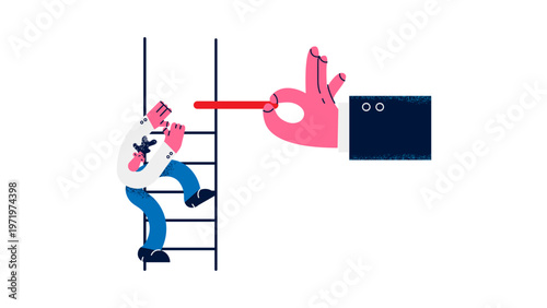 A vector graphic illustration of a person climbing a ladder towards a hand holding a key