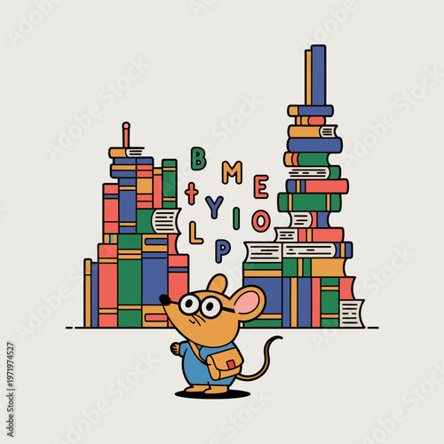 Cute cartoon mouse librarian wearing glasses and carrying a satchel standing between two large towers of colorful books with playful floating letters in a minimalist style