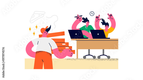 A vector graphic illustration of a stressed office worker carrying a heavy workload while colleagues relax at their desks