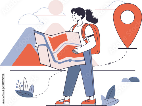 Young Woman Traveler Exploring New Destinations with a Map, Navigating Through Mountainous Landscapes on an Adventure Journey to Discover New Paths and Experiences