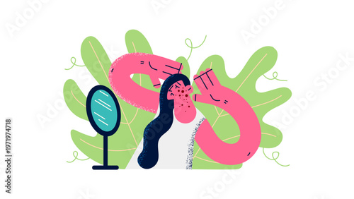 A woman looking stressed while standing in front of a mirror with a green leafy background