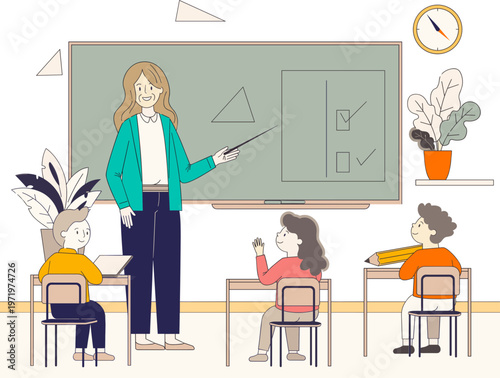 Engaging elementary school classroom scene with a dedicated teacher instructing diverse students, fostering a lively and inclusive learning environment focused on education and academic growth