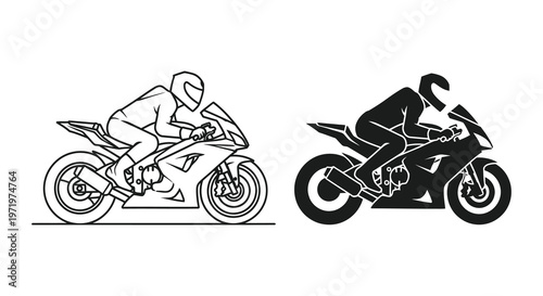 Motorcycle rider in dynamic pose two versions shown as a silhouette