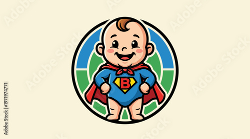 Baby dressed as superman smiling.