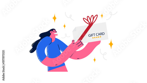 A woman excitedly holding a gift card with a red ribbon