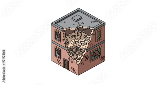 Isometric Destroyed Building Vector Illustration. Collapsed Structure, Rubble, Urban Decay, Crisis Concept.