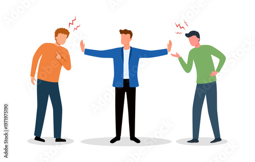 Conflict management. Man stopping conflict or fighting. Leadership skill to compromise and solving argument problem. Disagreement communication, negotiation. Business deal conversation