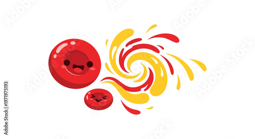 Kawaii Red Blood Cells Vector Illustration with Dynamic Red and Yellow Liquid Splashes, Ideal for Medical, Science, and Health Educational Graphics.