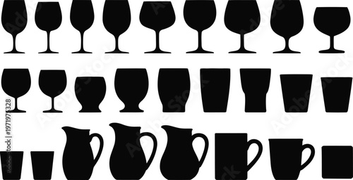 Title black silhouette collection of wine glasses pitchers and drinkware description a black silhouette illustration featuring various wine glasses pitchers mugs and