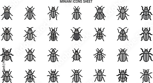 Collection of 28 grey beetle with black outlines on white background insect