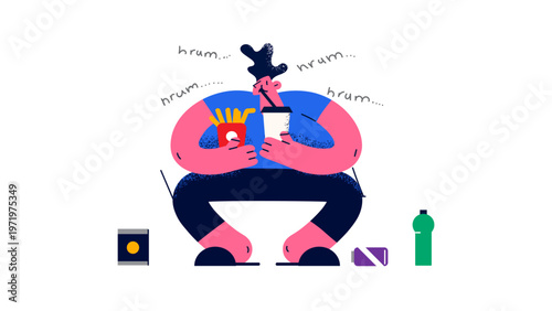 A cartoon man sitting and eating junk food while watching TV