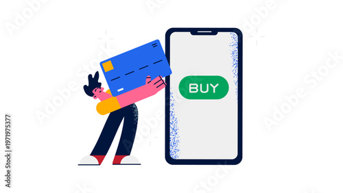 A cartoon person holding a large credit card next to a smartphone with a buy button