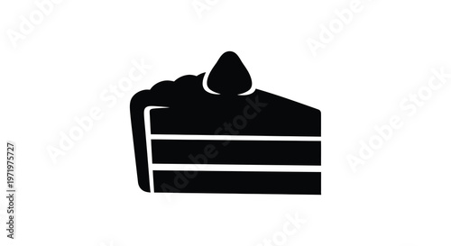 A delicious slice of layered cake with a strawberry black silhouette