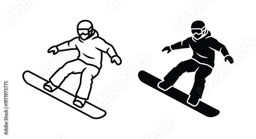 Snowboarders in action depicted with bold outlines and a striking silhouette