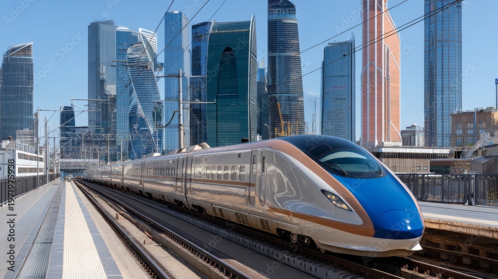 Fototapeta premium Modern High-Speed Train Traversing City Skyline with Skyscrapers