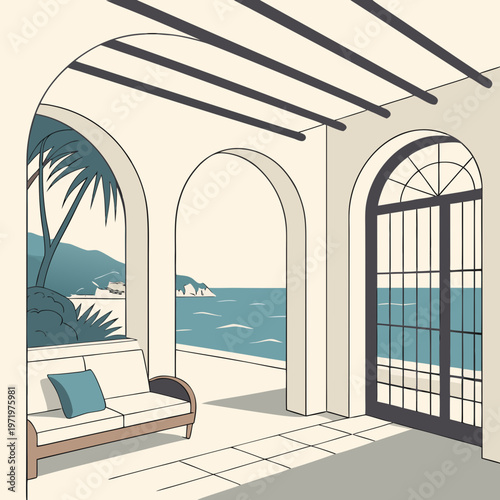 A bright empty room with a glass window and open balcony overlooking the sea and beach view