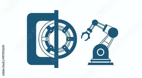 Robotic Arm Interacting with Industrial Machinery in Automation Process.