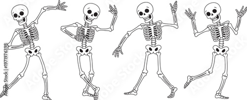 Skeleton dance vector set, funny Halloween skull characters, various poses, isolated on light background, spooky festive design, editable scalable illustration