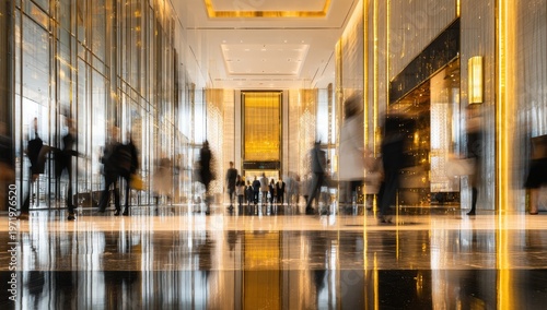 Blurred figures move through a grand, illuminated hotel lobby with reflective floors