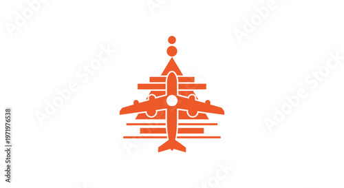 Orange Airplane Symbol with Abstract Design on White Background.