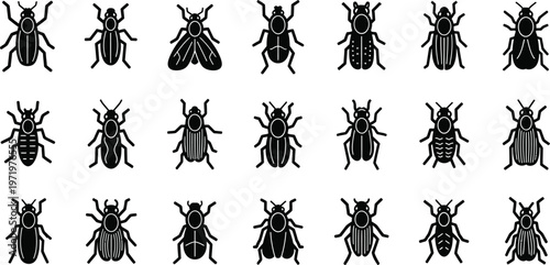 Collection of black insect with varied body shapes and wing details beetle symbol