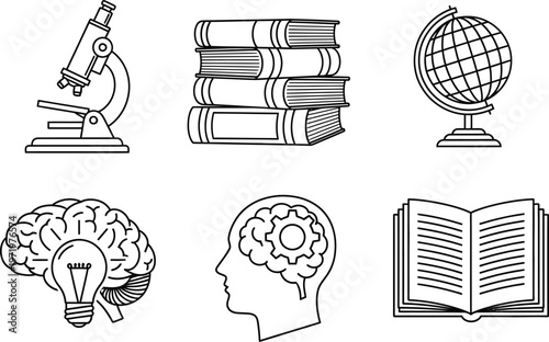 Sketch of intellectual pursuits books brains globe and learning icons